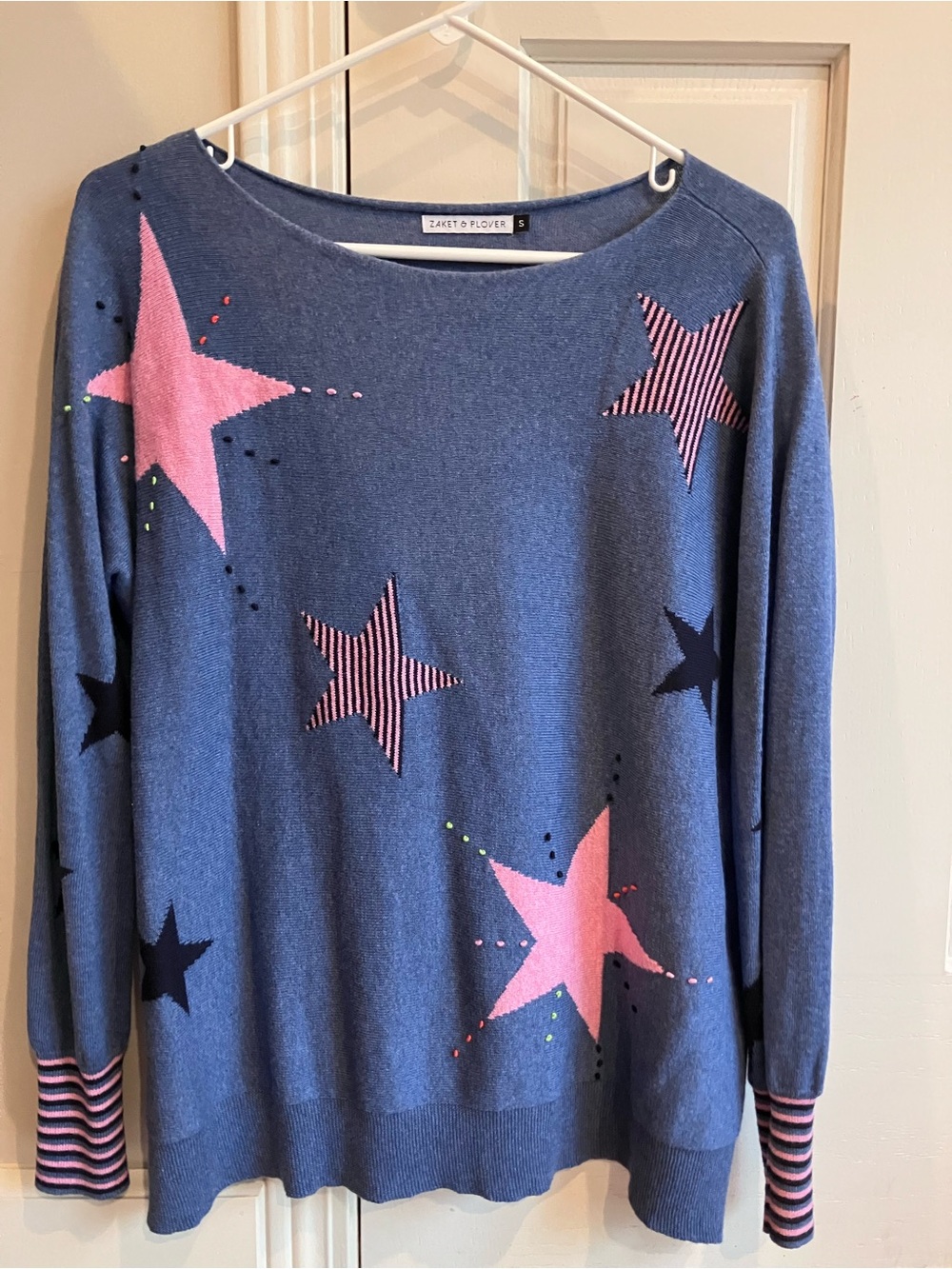 Zaket & Plover Blue Star-Print Crewneck Sweater with Pink Accents